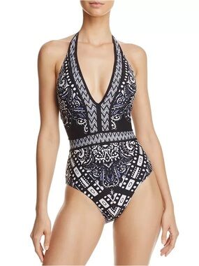 Red Carter Halter V Neck Blue Black White Plunge One Piece Bathing Swimsuit MED